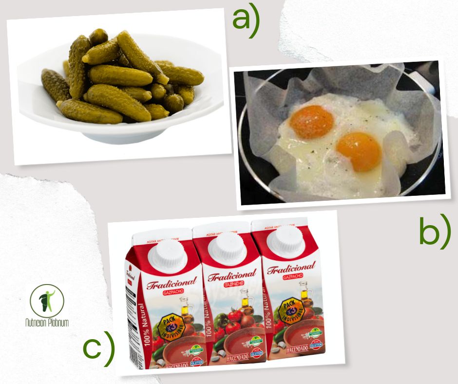 Pepinillos en conserva con huevos sobre papel de horno y gazpacho andaluz.